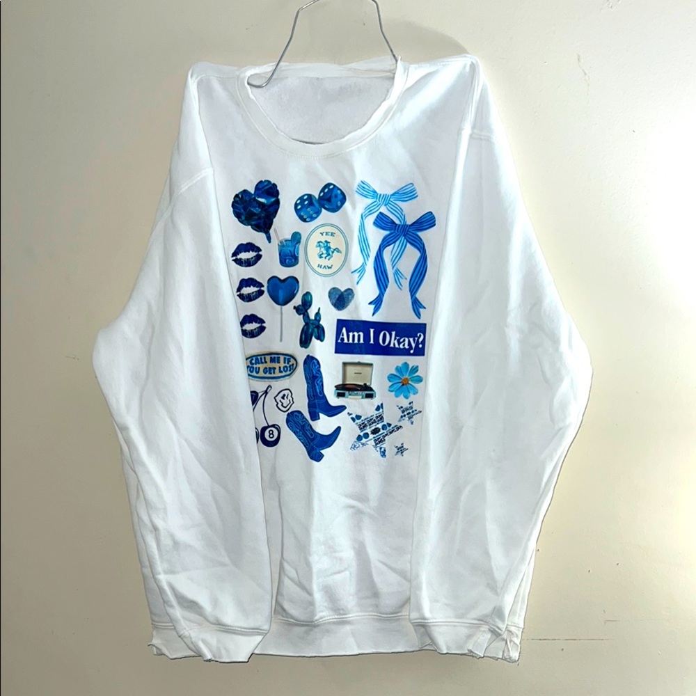 Etsy- Am I Okay? - Crew - White Sweatshirt with Blue Graphic Design